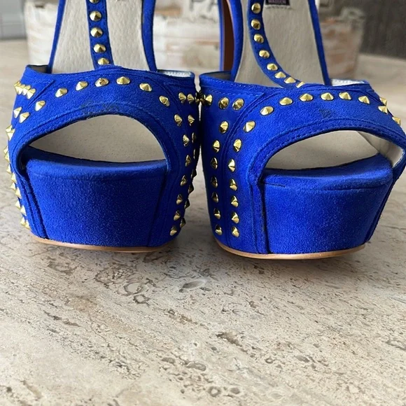 STEVEN Steve Madden ASTRRO Blue Gold Studded Leather Suede Stiletto heel Sz 8.5 - Picture 15 of 17